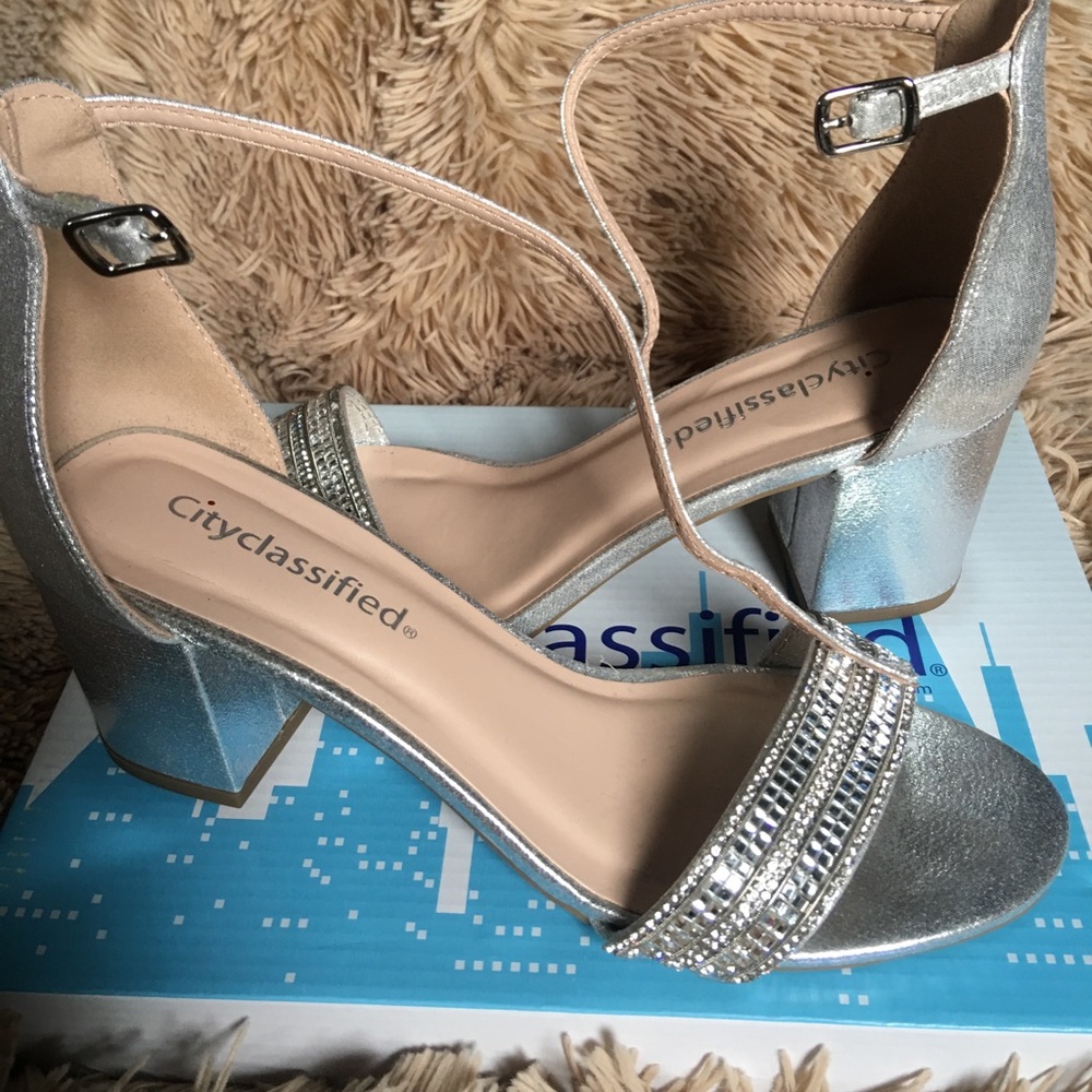 Silver jeweled two inch heels
